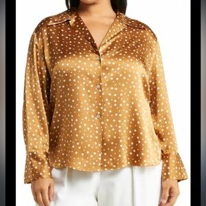 NWT Vince Tossed Dot Button-front Silk Blouse In Brown